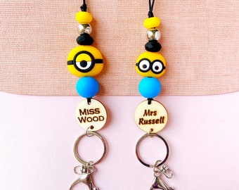 Personalisiertes Lehrer-Lanyard mit Minion-Perlen, individueller Namensschildhalter, Geschenk für Lehrer