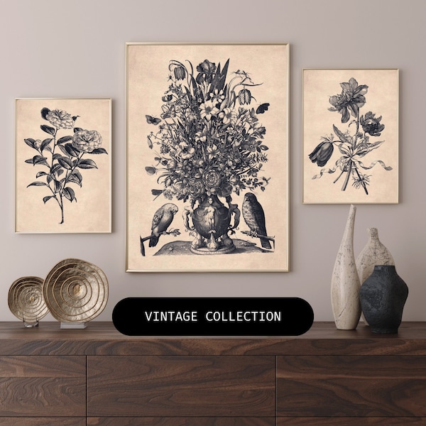 Gallery Wall Art, Set of 3 Black & White Botanical Prints, Vintage Black White Prints, Digital Download, Home Decor, Flower Prints, Roses