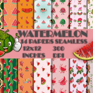 May include: A set of 14 digital papers featuring watermelon designs. The papers are 12x12 inches and 300 DPI. The designs include watermelon slices, watermelon characters, and watermelon patterns. The papers are perfect for scrapbooking, card making, and other crafting projects.