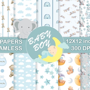 Baby Boy Digital Papers, blauwe kinderkamer achtergrond, baby plakboek, babydouche, teddybeer, olifant naadloze patronen, afdrukbaar papier, blauw