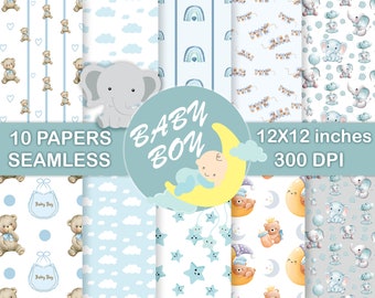 Baby Boy Digital Papers, Blue Nursery Background, Baby Scrapbook, Baby Shower, Teddy Bear, Elephant Seamless Patterns, Printable Paper, Blue