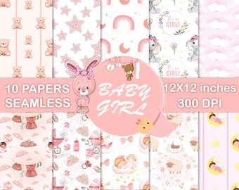 Baby Girl Paper Pack, Newborn Girl Papers, Pink Nursery Background, Baby Scrapbook, Baby Shower, Teddy Bear, Seamless Patterns, Pink Papers