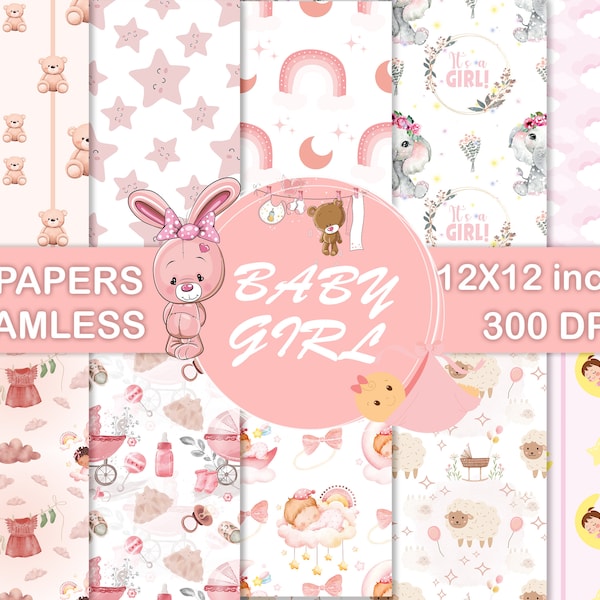 Baby Girl Paper Pack, Newborn Girl Papers, Pink Nursery Background, Baby Scrapbook, Baby Shower, Teddy Bear, Seamless Patterns, Pink Papers