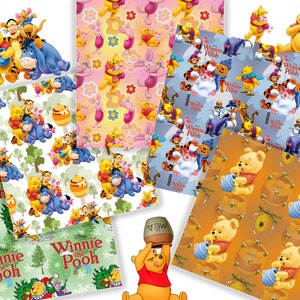 May include: A collection of Winnie the Pooh themed wrapping paper featuring different designs. One design has a pink background with Winnie the Pooh and friends in various poses. Another design has a blue background with Winnie the Pooh and friends in a winter scene. A third design has a yellow background with Winnie the Pooh and friends in a honey pot scene. The final design has a green background with Winnie the Pooh and friends in a forest scene.