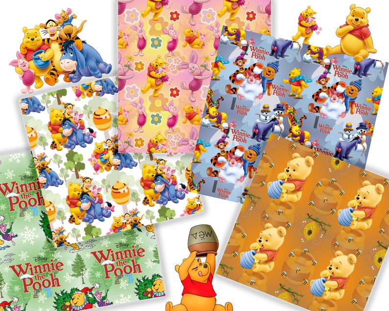 May include: A collection of Winnie the Pooh themed wrapping paper featuring different designs. One design has a pink background with Winnie the Pooh and friends in various poses. Another design has a blue background with Winnie the Pooh and friends in a winter scene. A third design has a yellow background with Winnie the Pooh and friends in a honey pot scene. The final design has a green background with Winnie the Pooh and friends in a forest scene.