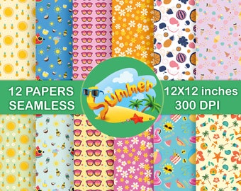 Summer Digital Paper Set, Beach Digital Paper, Watermelon Digital Paper, Flamingo Paper, Ice Cream Paper, Downloadable Seamless Pattern