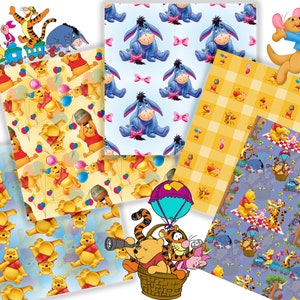 May include: A set of 10 digital paper designs featuring Winnie the Pooh and friends. The designs include a yellow background with Winnie the Pooh and balloons, a blue background with Winnie the Pooh and Tigger, a yellow and white checkered pattern, a blue background with Winnie the Pooh and Tigger, and a blue background with Eeyore.
