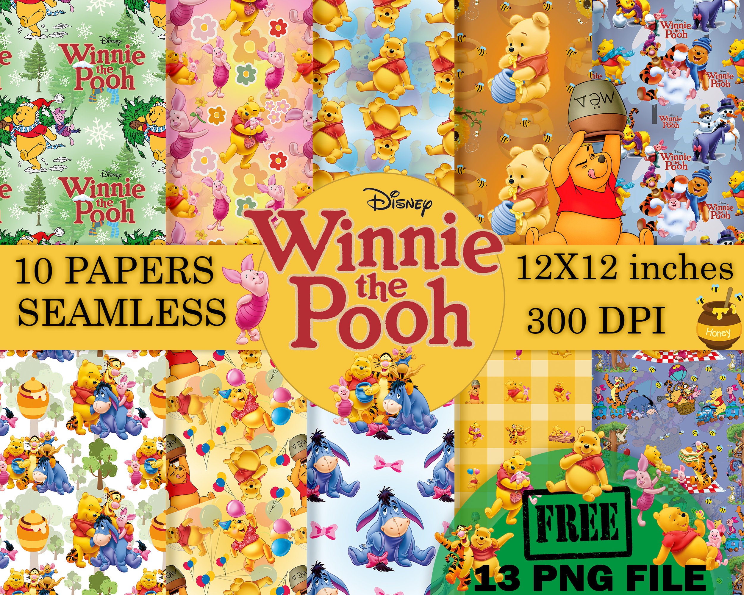 Winnie the Pooh Digital Paper Sets, Winnie Pooh Theme Party,  Pooh Bear Tigger Piglet Background, Winnie Friends Papers, Seamless Paper, PNG