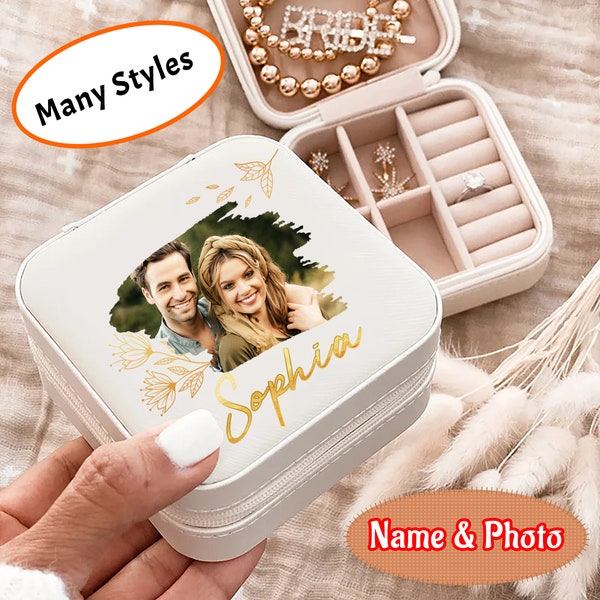 Custom Name Jewelry Box, Photo Jewelry Case with Text, Personalized Wedding Jewelry Box, Bride Jewelry Case, Travel Jewelry Box,Wedding Gift