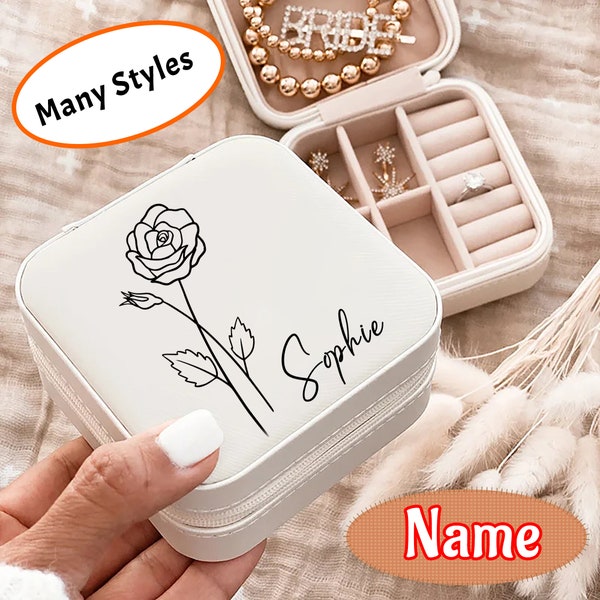 Custom Name Jewelry Box, Personalized Birth Flower Travel Box, Wedding Jewelry Box, Bride Jewelry Case, Travel Jewelry Box, Mothers Day Gift