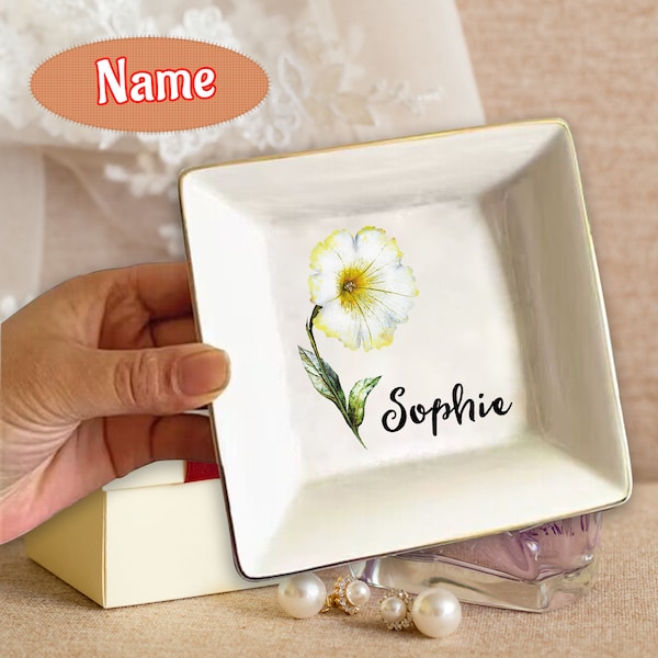 Custom Name Jewelry Dish, Personalized Birth Flower Jewelry Tray with Text, Custom Wedding Ring Dish, Bride Jewelry Dish, Mothers Day Gift