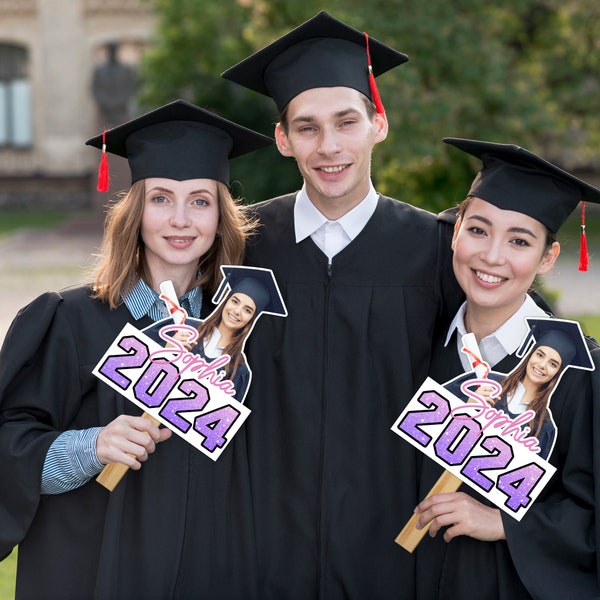 Graduation 2024 Big Heads on a Stick, Personalized Head Cutout Sign, Custom Face Fan with Wooden Handle, Gift for Graduate, Graduation Gift