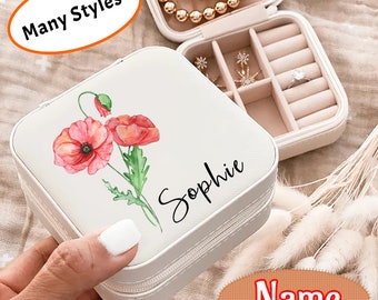 Custom Name Jewelry Box, Personalized Flowers Jewelry Box, Wedding Jewelry Box, Bride Jewelry Case, Travel Jewelry Box, Mothers Day Gifts