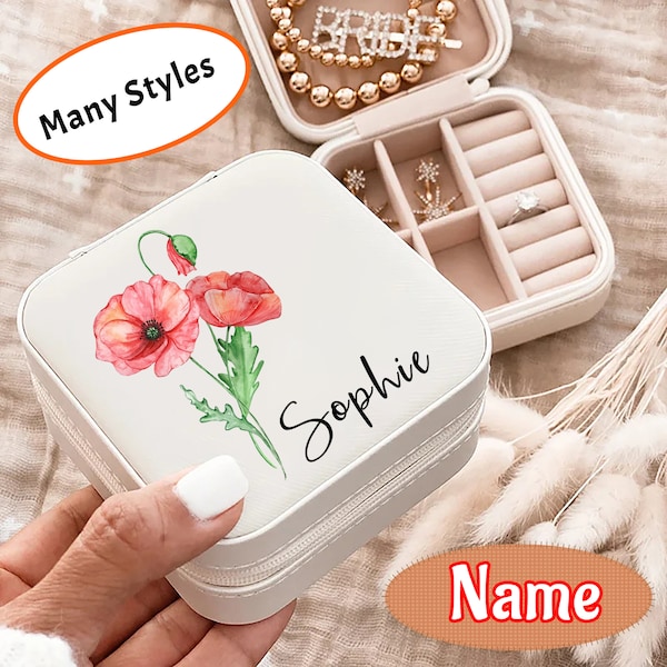 Custom Name Jewelry Box, Personalized Flowers Jewelry Box, Wedding Jewelry Box, Bride Jewelry Case, Travel Jewelry Box, Mothers Day Gifts