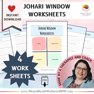 May include: Four printable Johari Window worksheets in a pink, blue, and yellow color scheme. The worksheets are titled "Johari Window Worksheets" and include sections for "Open", "Blind Spot", "Hidden", and "Unknown". The image also includes a starburst graphic with the text "4 Work Sheets" and a download arrow with the text "Fillable PDF".