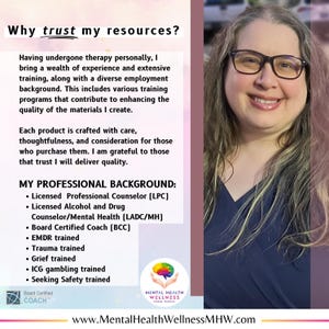 May include: A woman wearing glasses smiles at the camera. The text "Why trust my resources?" is at the top of the image. The text "MY PROFESSIONAL BACKGROUND" is in bold and followed by a list of credentials. The text "Board Certified COACH" is in a circle at the bottom left of the image. The text "MENTAL HEALTH WELLNESS" is in a circle at the bottom right of the image. The text "www.MentalHealthWellnessMHW.com" is at the bottom centre of the image.