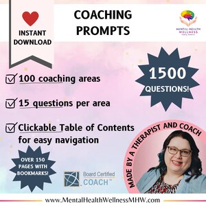 Könnte beinhalten: Eine rosa und weiße Grafik mit dem Text "Coaching Prompts" in Schwarz. Die Grafik zeigt ein rosa Herz, ein Häkchen mit dem Text "100 Coaching-Bereiche", ein Häkchen mit dem Text "15 Fragen pro Bereich", ein Häkchen mit dem Text "Klickbare Inhaltsübersicht für einfache Navigation", einen rosa Stern mit dem Text "1500 Fragen!" und einen rosa Kreis mit dem Text "Erstellt von einem Therapeuten und Coach" sowie ein Foto einer Frau mit Brille und einem blauen Hemd. Die Grafik enthält auch den Text "Sofortiger Download", "Über 150 Seiten mit Lesezeichen!" und "Board Certified Coach TM".