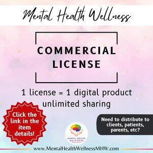 May include: A pink and white digital illustration with the text "Mental Health Wellness" in black. The text "COMMERCIAL LICENSE" is in a white box with a black border. The text "1 license = 1 digital product unlimited sharing" is in black. A red starburst with the text "Click the link in the item details!" is in the lower left corner. A white circle with a brain graphic and the text "MENTAL HEALTH WELLNESS" is in the lower centre. A white box with the text "Need to distribute to clients, patients, parents, etc?" is in the lower right corner. The text "www.MentalHealthWellnessMHW.com" is in black at the bottom.