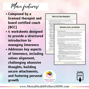 May include: A printable worksheet designed to help manage limerence. The worksheet includes a definition of limerence, causes, and symptoms. The worksheet is designed to help people understand and manage their feelings of limerence.