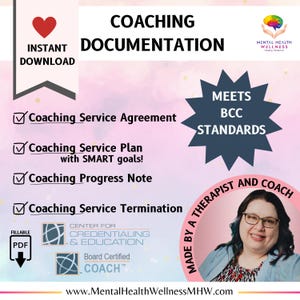 May include: A pink and white graphic with the text "COACHING DOCUMENTATION" in black. The graphic includes a checklist of coaching documents, including a coaching service agreement, coaching service plan, coaching progress note, and coaching service termination. The graphic also includes a starburst with the text "MEETS BCC STANDARDS" and a photo of a woman with glasses and a blue shirt. The text "MADE BY A THERAPIST AND COACH" is written around the photo. The graphic also includes the text "CENTER FOR CREDENTIALING & EDUCATION" and "Board Certified COACH".