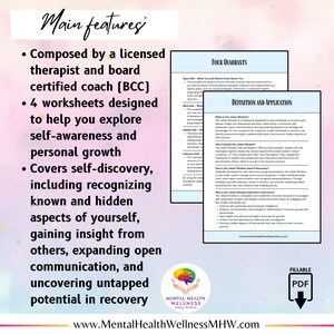 May include: A digital PDF worksheet set for self-awareness and personal growth, designed by a licensed therapist. The worksheets cover self-discovery, communication, and uncovering potential. The image includes the text "Main features" and "Mental Health Wellness".