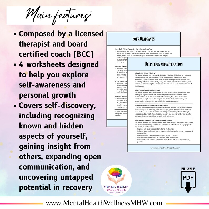 May include: A digital PDF worksheet set for self-awareness and personal growth, designed by a licensed therapist. The worksheets cover self-discovery, communication, and uncovering potential. The image includes the text "Main features" and "Mental Health Wellness".