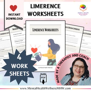 May include: Four printable worksheets for working through limerence, a psychological state of obsession with another person. The worksheets are designed to be filled out by a therapist or coach. The image features a woman watering a plant with a heart-shaped flower, and a woman with glasses smiling at the camera.