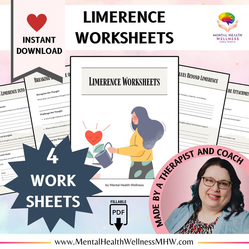 May include: Four printable worksheets for working through limerence, a psychological state of obsession with another person. The worksheets are designed to be filled out by a therapist or coach. The image features a woman watering a plant with a heart-shaped flower, and a woman with glasses smiling at the camera.