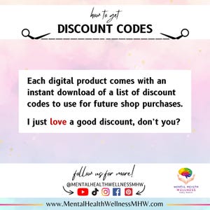May include: Image with text: "how to get DISCOUNT CODES." It states that each digital product includes a list of discount codes for future purchases. Social media icons and website address are also included.