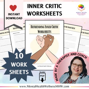 May include: A digital download of 10 printable worksheets for befriending your inner critic. The worksheets are designed to help you identify, understand, and challenge negative self-talk. The image features a colorful illustration of two hands holding each other, symbolizing self-compassion and acceptance. The text "Befriending Inner Critic Worksheets" is displayed in a bold font.