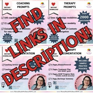 May include: Four digital product mockups with a red overlay that says "Find Links in Description!" Each mockup features a pink heart, a tick, and text. The text includes "Coaching Prompts", "Therapy Prompts", "Coaching Documentation", and "Therapy Documentation".