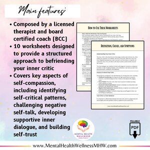 May include: A printable worksheet set designed to help you understand and manage your inner critic. The worksheets are composed by a licensed therapist and board certified coach. The set includes 10 worksheets and covers key aspects of self-compassion, including identifying self-critical patterns, challenging negative self-talk, developing supportive inner dialogue, and building self-trust.