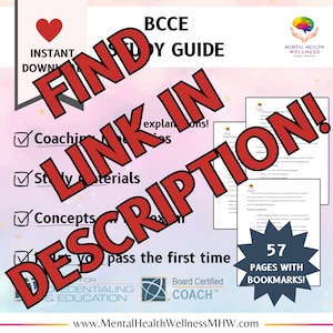 May include: A red and white study guide for the Board Certified Coach exam. The guide includes coaching, study materials, concepts, and exam explanations. The guide is 57 pages with bookmarks. The text "FIND LINK IN DESCRIPTION!" is superimposed on the image.