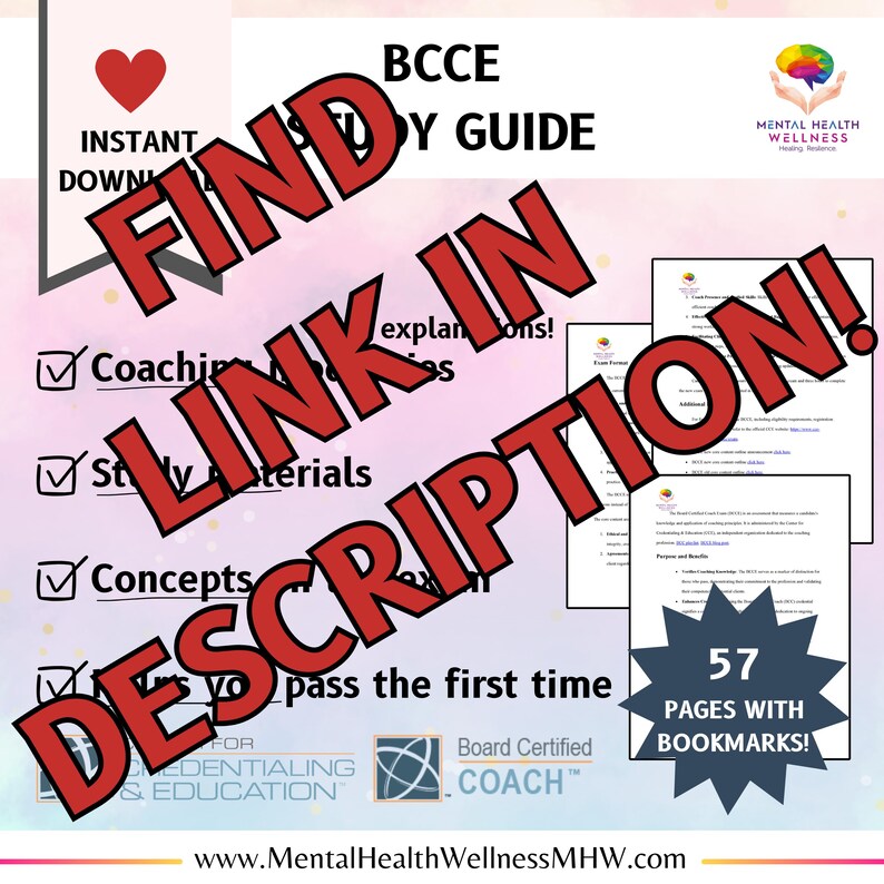 May include: A red and white study guide for the Board Certified Coach exam. The guide includes coaching, study materials, concepts, and exam explanations. The guide is 57 pages with bookmarks. The text "FIND LINK IN DESCRIPTION!" is superimposed on the image.