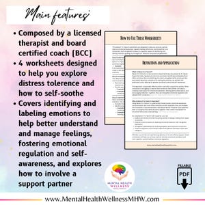 May include: A printable PDF worksheet set designed to help explore distress tolerance and self-soothing techniques. The worksheets cover identifying and labelling emotions, fostering emotional regulation, and self-awareness. The set also includes instructions on how to involve a support partner in the process. The worksheets are designed by a licensed therapist and board certified coach.