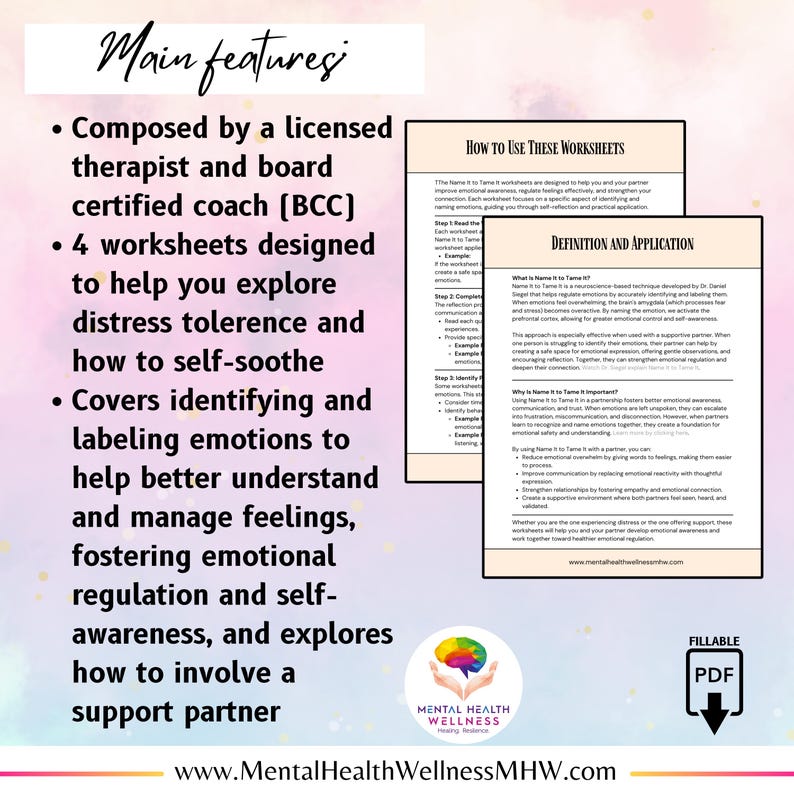May include: A printable PDF worksheet set designed to help explore distress tolerance and self-soothing techniques. The worksheets cover identifying and labelling emotions, fostering emotional regulation, and self-awareness. The set also includes instructions on how to involve a support partner in the process. The worksheets are designed by a licensed therapist and board certified coach.