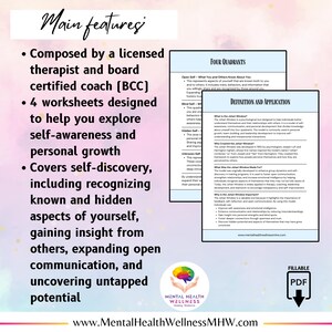 May include: A printable worksheet set for self-discovery and personal growth. The worksheets are designed to help you explore self-awareness and personal growth, including recognizing known and hidden aspects of yourself, gaining insight from others, expanding open communication, and uncovering untapped potential. The worksheets are composed by a licensed therapist and board certified coach (BCC).