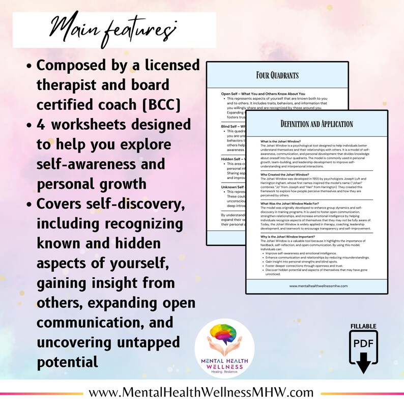 May include: A printable worksheet set for self-discovery and personal growth. The worksheets are designed to help you explore self-awareness and personal growth, including recognizing known and hidden aspects of yourself, gaining insight from others, expanding open communication, and uncovering untapped potential. The worksheets are composed by a licensed therapist and board certified coach (BCC).