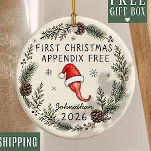 May include: A round white ceramic ornament featuring a green pine wreath design with pinecones and snowflakes. The text reads FIRST CHRISTMAS APPENDIX FREE, Johnathan, and 2026. A red and white Santa hat is illustrated on an appendix graphic.