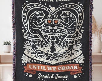 Frog Couple Woven Blanket Homecore Custom Anniversary Gift Personalized Name Tapestry Woven Blanket Cottagecore Wedding Gift For Couple Gift