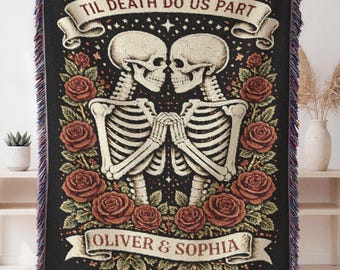 Valentines Skeleton Couple Til Death Woven Blanket Personalized Skeleton Lover Wedding Blanket Spooky Goth Couple Halloween Gift Anniversary