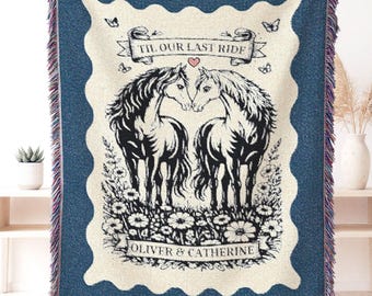 Manta tejida personalizada con diseño de pareja de caballos, tapiz medieval con escudo heráldico, regalo romántico para padres, regalo de 50º o 60º aniversario.