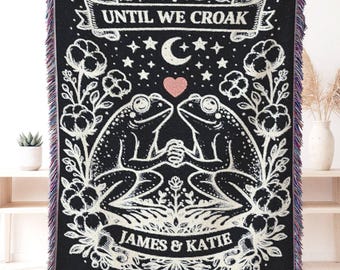 Manta tejida de algodón con diseño de pareja de ranas para bodas, tapiz personalizado para el 50.º y 60.º aniversario, regalo personalizado con nombre, tapiz tejido estilo cottagecore.