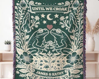 Frog Couple Woven Blanket Tapestry Custom Anniversary Gift Personalized Name Tapestry Woven Blanket Cottagecore Wedding Gift For Couple Gift