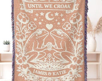Día de la Madre Día del Padre Pareja de ranas Manta tejida Tapiz Algodón personalizado Aniversario Boda Regalo Tapiz con nombre personalizado Estilo Cottagecore