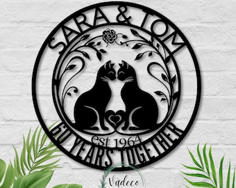 Custom 60th Anniversary Gift For Parents Anniversary Metal Wall Art Sign Wedding Gift For Couple Husband Wife Diamond Anniversary Cat Decor