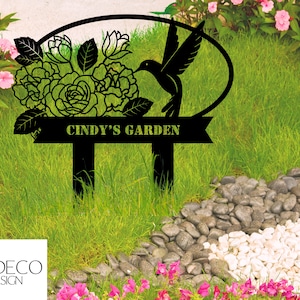 Floral Hummingbird Custom Metal Garden Sign Decor Bird With Stakes Garden Sign Flower Design Personalized Garden Name Sign Motherdays Gifts