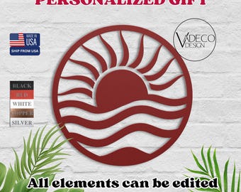 Decoración de pared metálica con diseño de sol y olas, arte de pared playero, casa de playa, casa de lago, decoración de sol y olas, decoración de pared