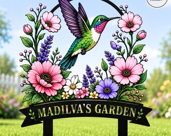 Hummingbird Metal Garden Decor, Custom Bird with Stakes Garden Sign Flower Design Personalized Garden Sign Custom Garden Name Sign Home Gift