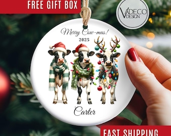 Watercolor Christmas Lights Cow Ornament Farm Animal Mooey Christmas Cow Lover Farmer Christmas Farmhouse Holiday Decor Farm Animal Keepsake